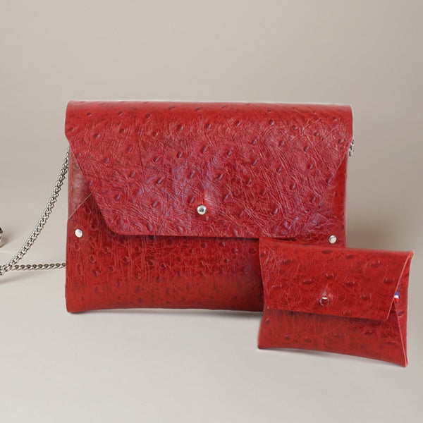 Mini sac cuir effet autruche avec porte-monnaie assorti, chaîne et ceinture