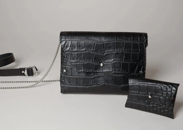 Sac croco noir en cuir modèle Pliage et son porte monnaie assorti