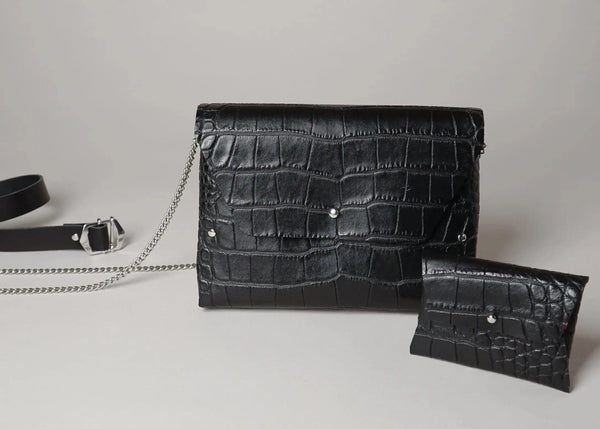 Sac croco noir en cuir modèle Pliage et son porte monnaie assorti